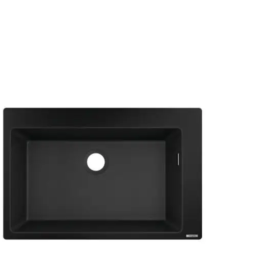 Einbauspüle in Graphitschwarz von Hansgrohe. Rechteckige Form mit zentralem Abfluss. Oberfläche ohne sichtbare Struktur, schlichte Gestaltung.